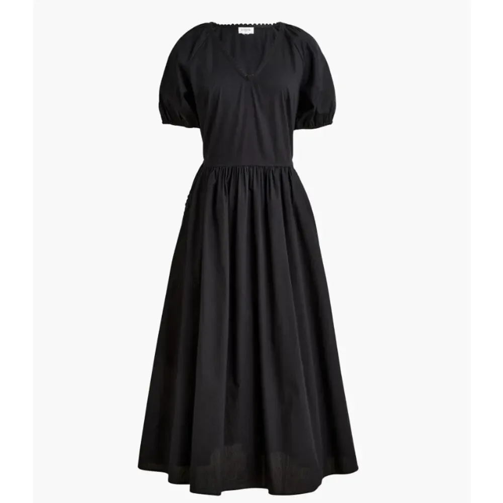 J.Crew Lace Trim Midi Dress WMNS 6 Black Puff Short Sleeve V-Neck Gathered Waist